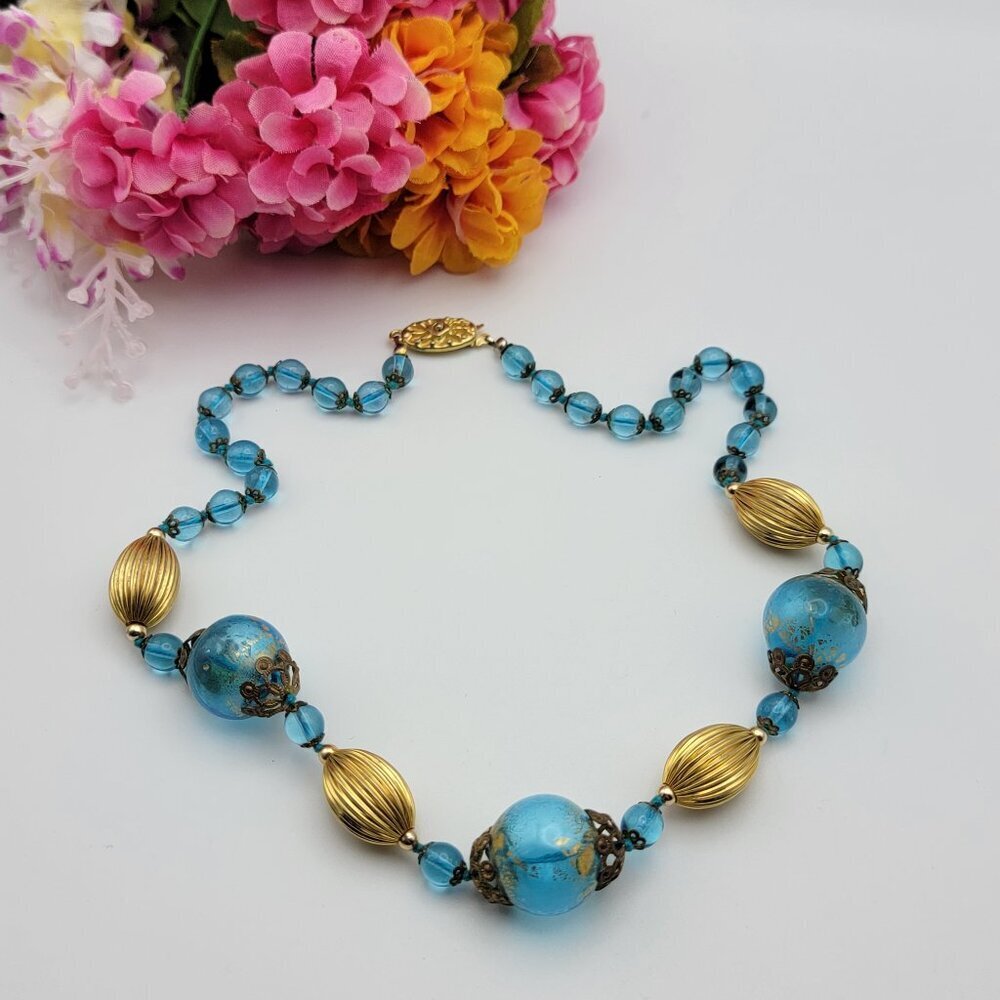 Vintage Gold Foiled Blue Glass Beaded Necklace 21 Inch Gold Tone Fishhook Clasp